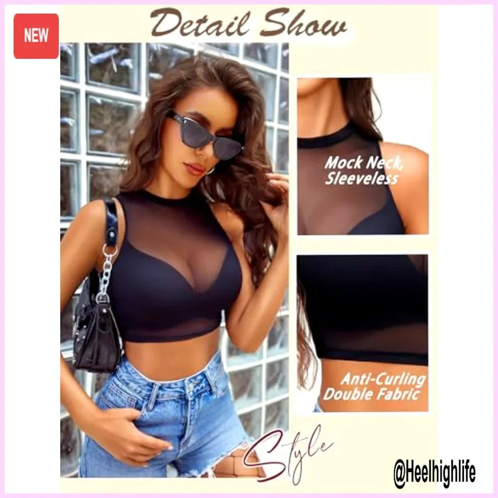 Sheer Mesh Crop Top Camisole Sexy Clubwear Undershirt Women's Tank
